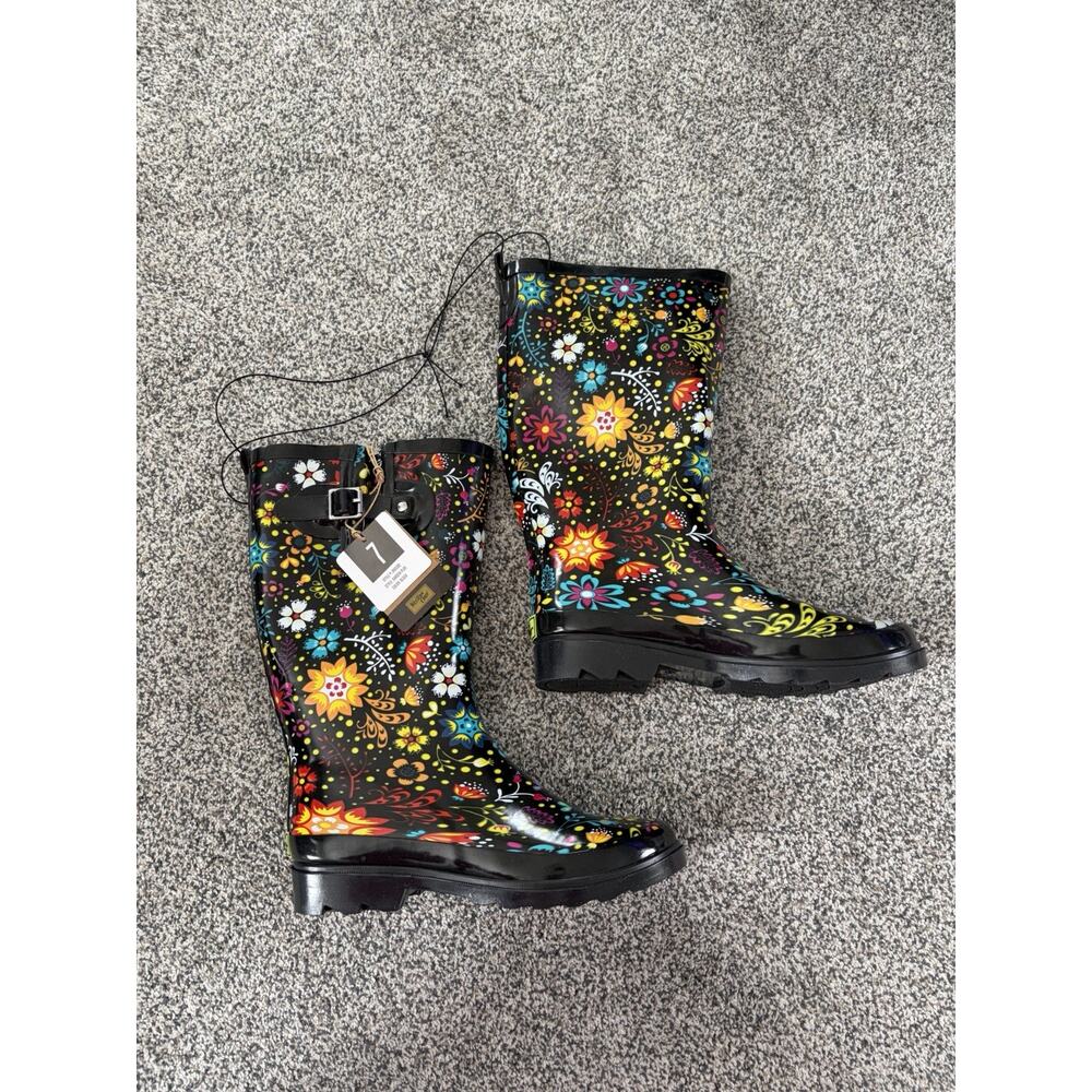 Women’s Western Chief Rain Boots Black Floral Psychedelic Size 7 Bright